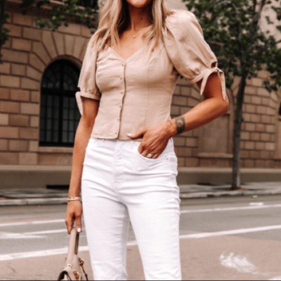 NWT - Express Beige Linen-Blend Off The Shoulder Tie Sleeve Shirt - Picture 1 of 7